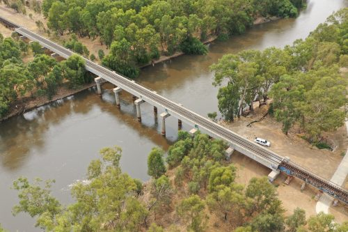 An image taken from a drone of a bridge inspection